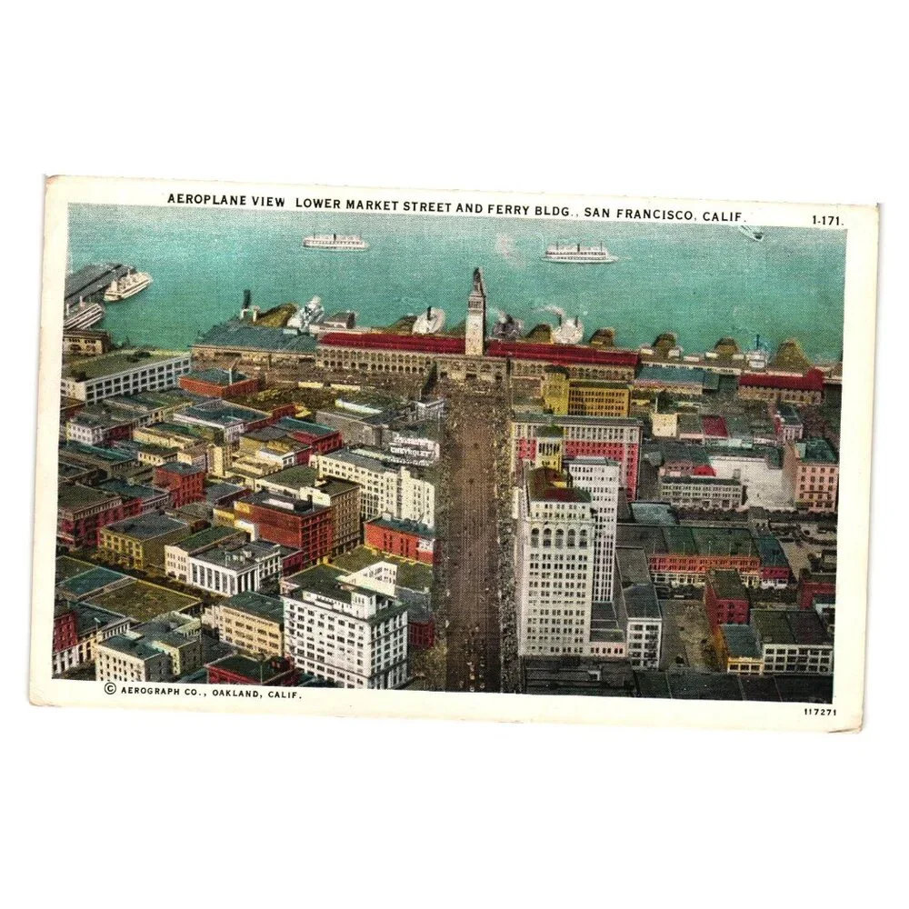 San Francisco Aeroplane View Market Street Ferry Building Postcard 1913 CA Art